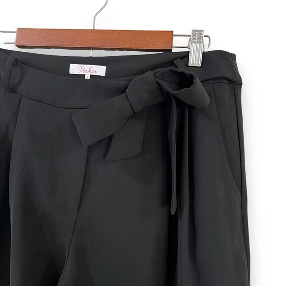 PARKER Elliot Pleated High Rise Belted Tie Waist Trouser Pants Size 8 Black - Picture 7 of 11